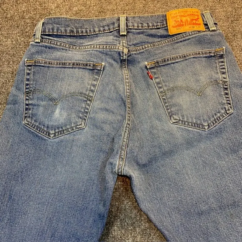 Levis 505 Men 34x30 Light Wash Denim Blue Jeans Straight Leg Regular Fit Casual